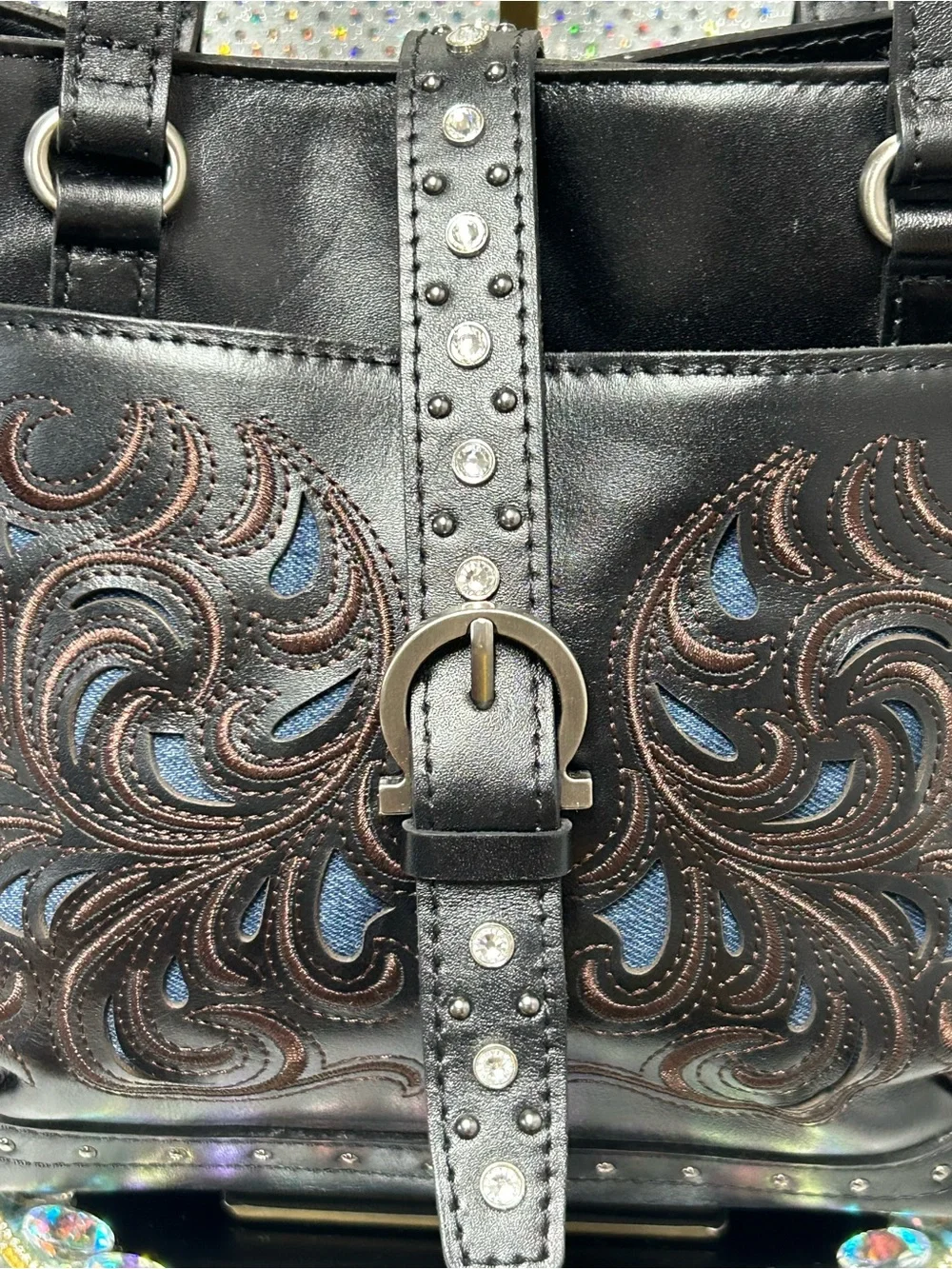 Patricia Nash Black Leather Embroidered Noto Tote Bag